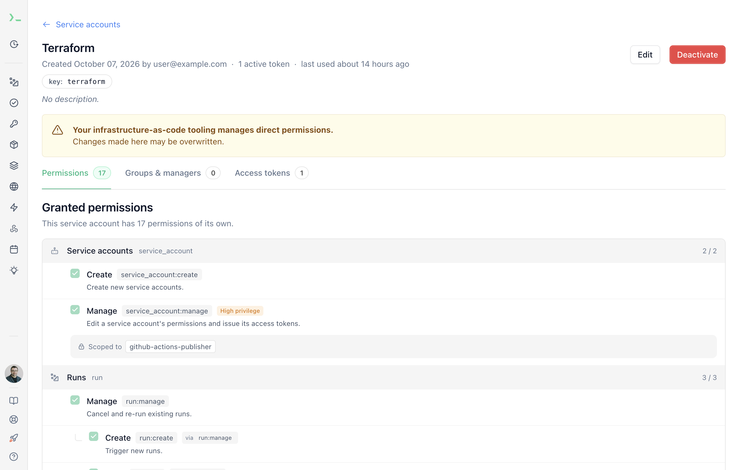 An RWX service account page with a warning that reads: Your infrastructure-as-code tooling manages direct permissions. Changes made here may be overwritten.
