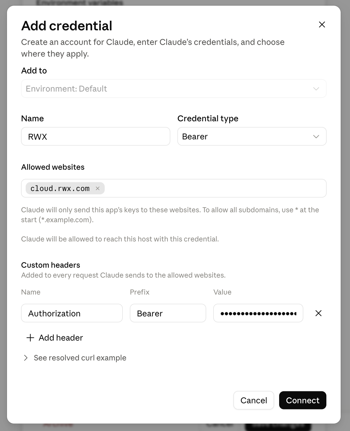Claude API credential settings with Bearer authentication for cloud.rwx.com