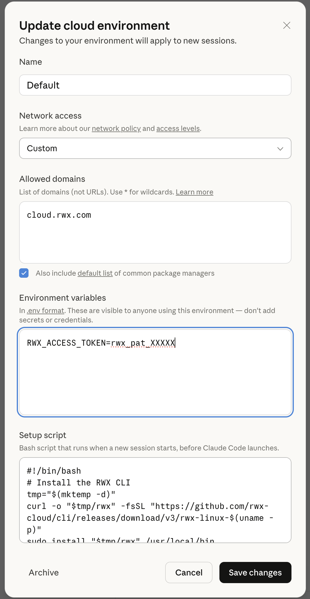 Claude Environment Configuration for RWX