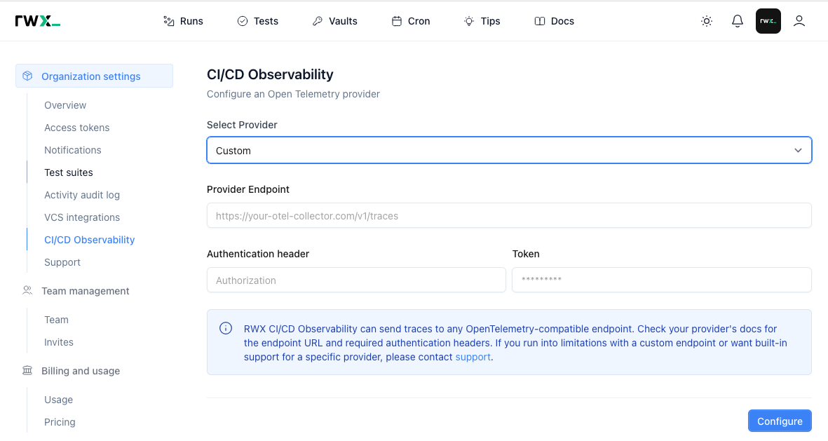 Configure custom OpenTelemetry provider
